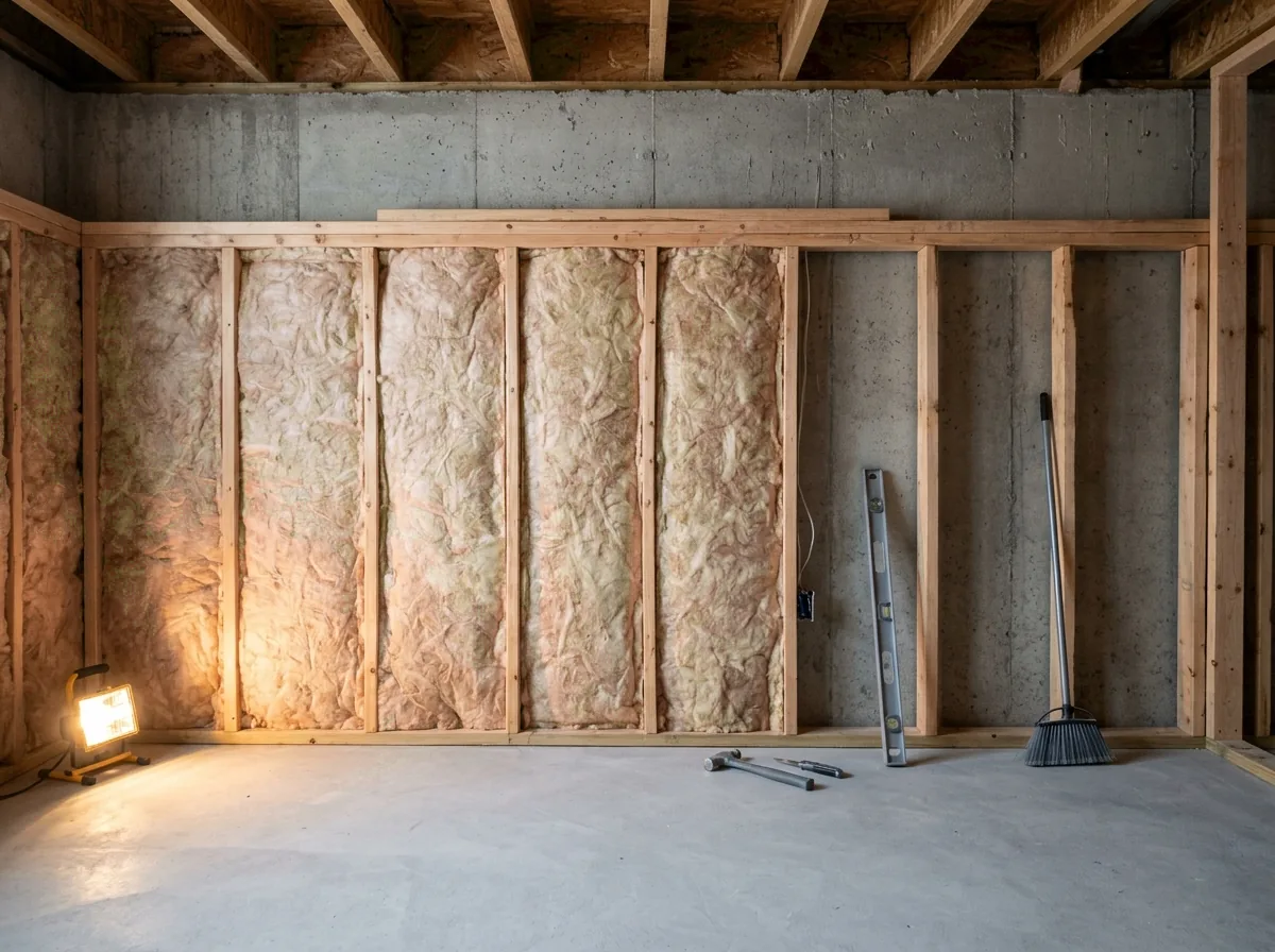 Unfaced fiberglass batt insulation fitted between wood studs of a new basement wall in front of a concrete foundation