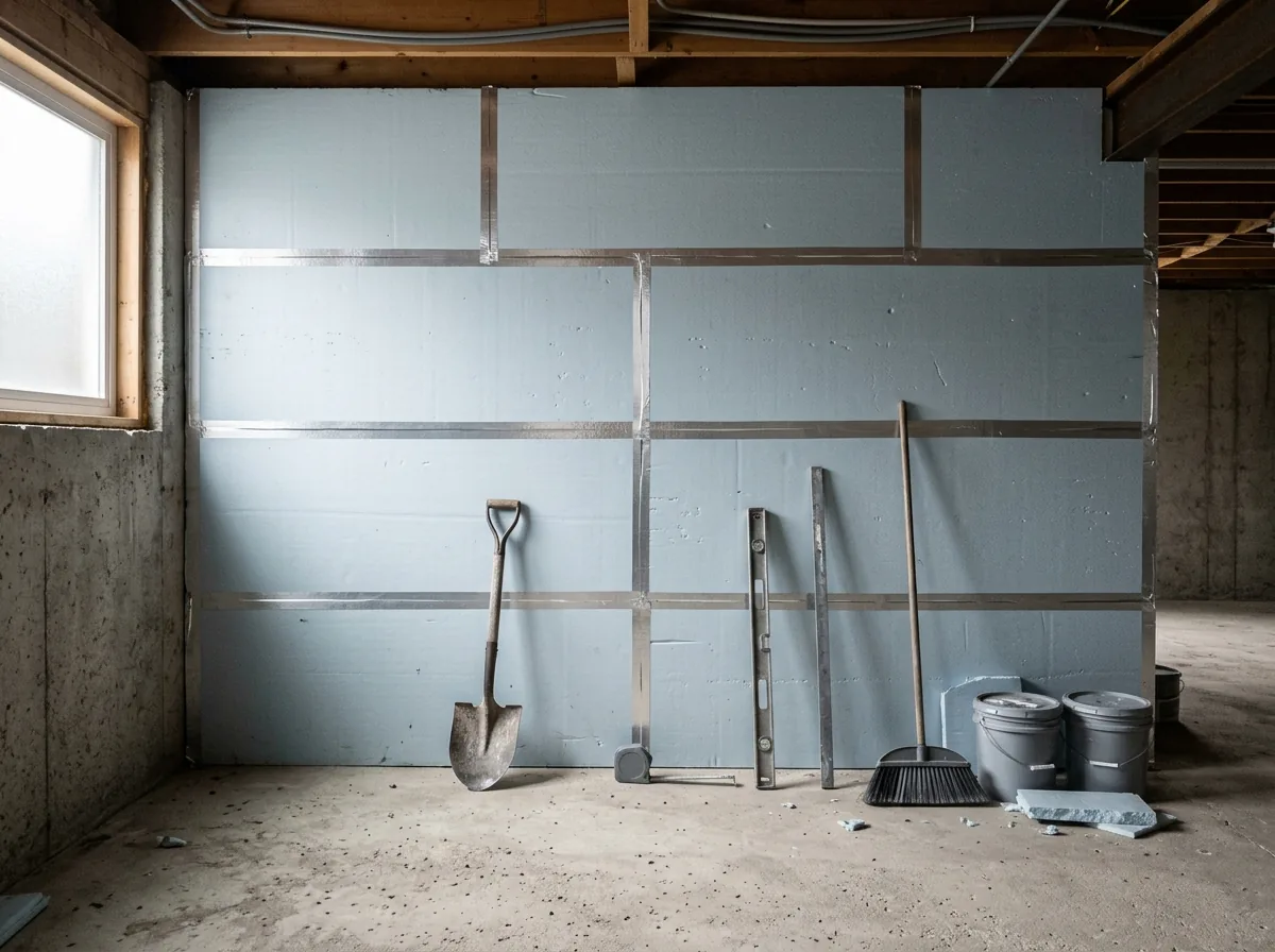 Pale rigid foam insulation boards fastened flat against a gray concrete basement wall with taped seams