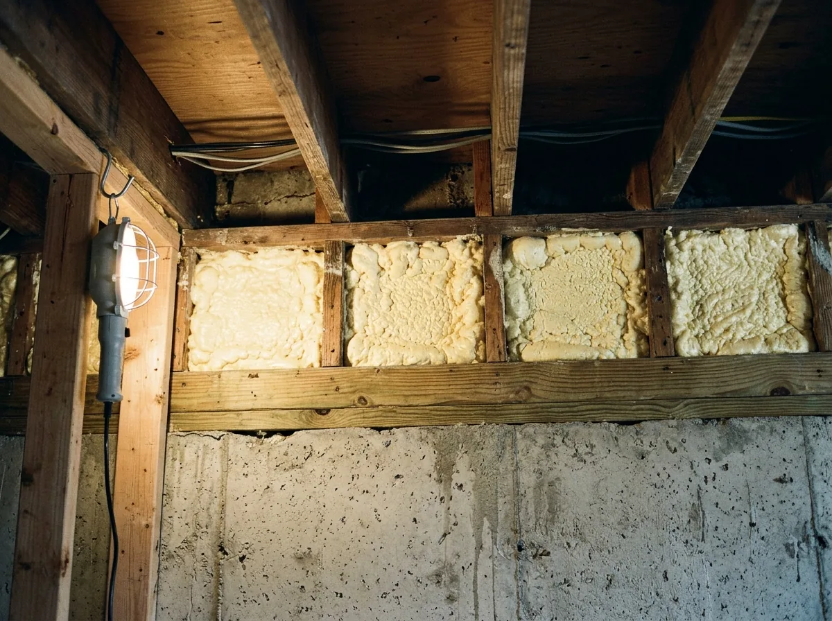 Spray foam insulation filling the rim joist bays along the top of a basement foundation wall under the floor joists