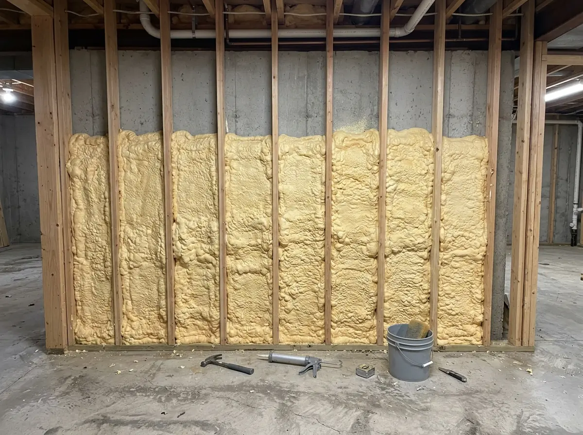 Light yellow closed-cell spray foam insulation covering a basement concrete wall between new wood studs