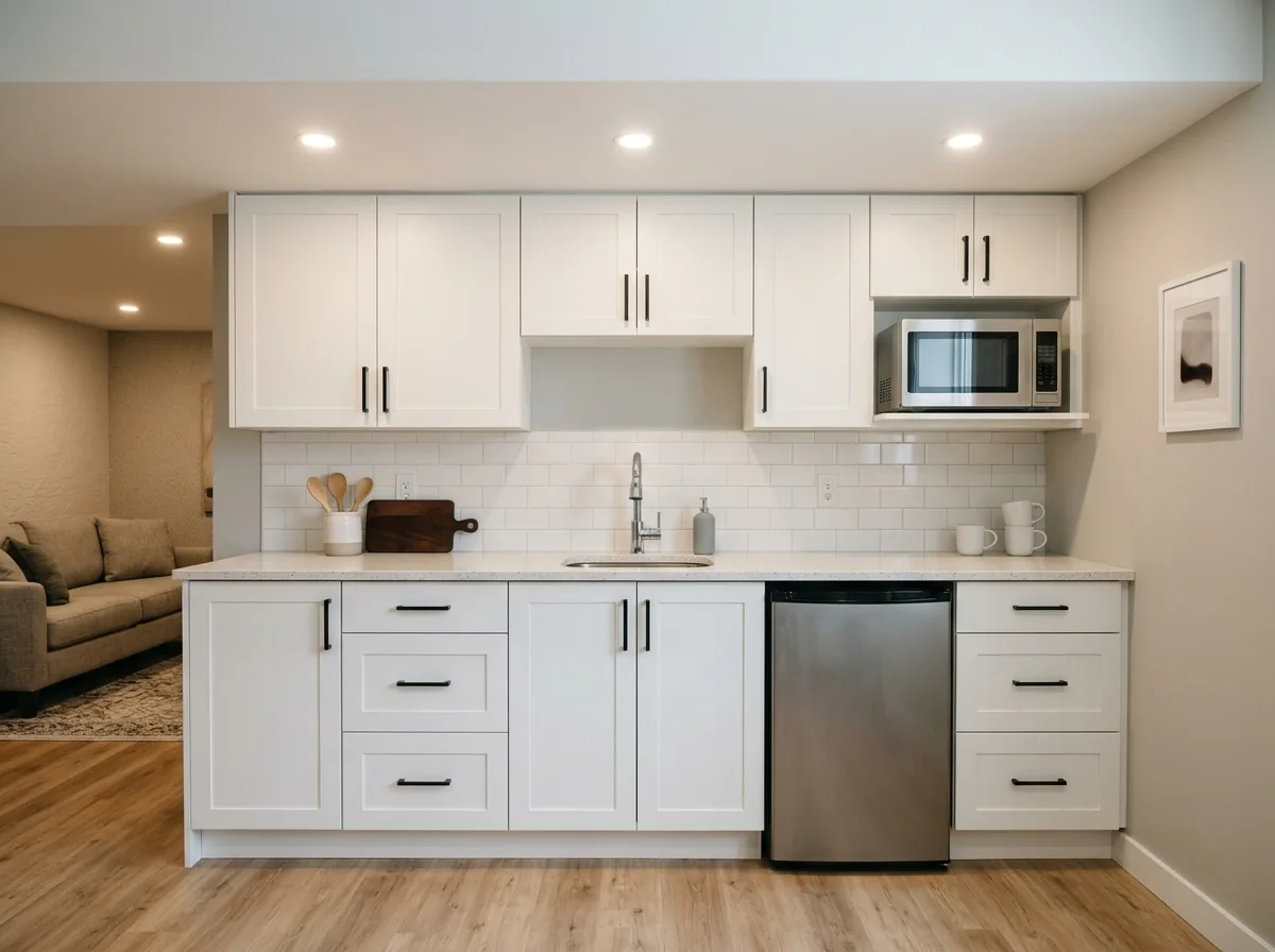 Basement kitchenette with white cabinets, a small sink, an under-counter fridge and a shelf microwave