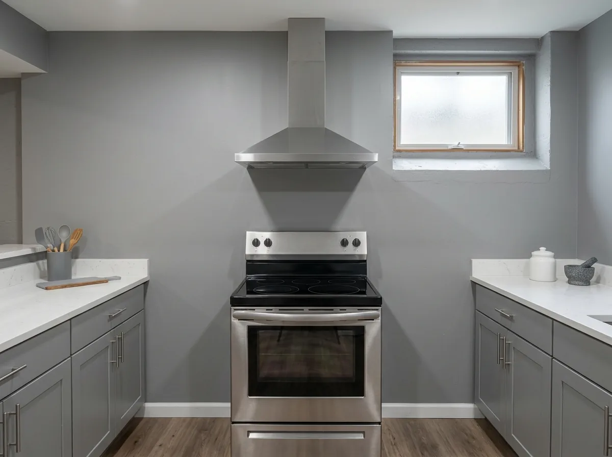 Basement kitchen wall with a slide-in range, a wall-ducted stainless hood and quartz counters on both sides