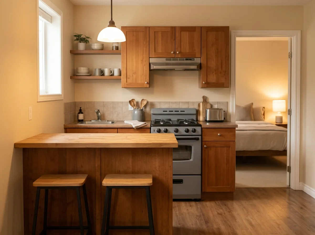 Basement suite kitchen with a compact range, a two-seat peninsula and a bedroom doorway behind