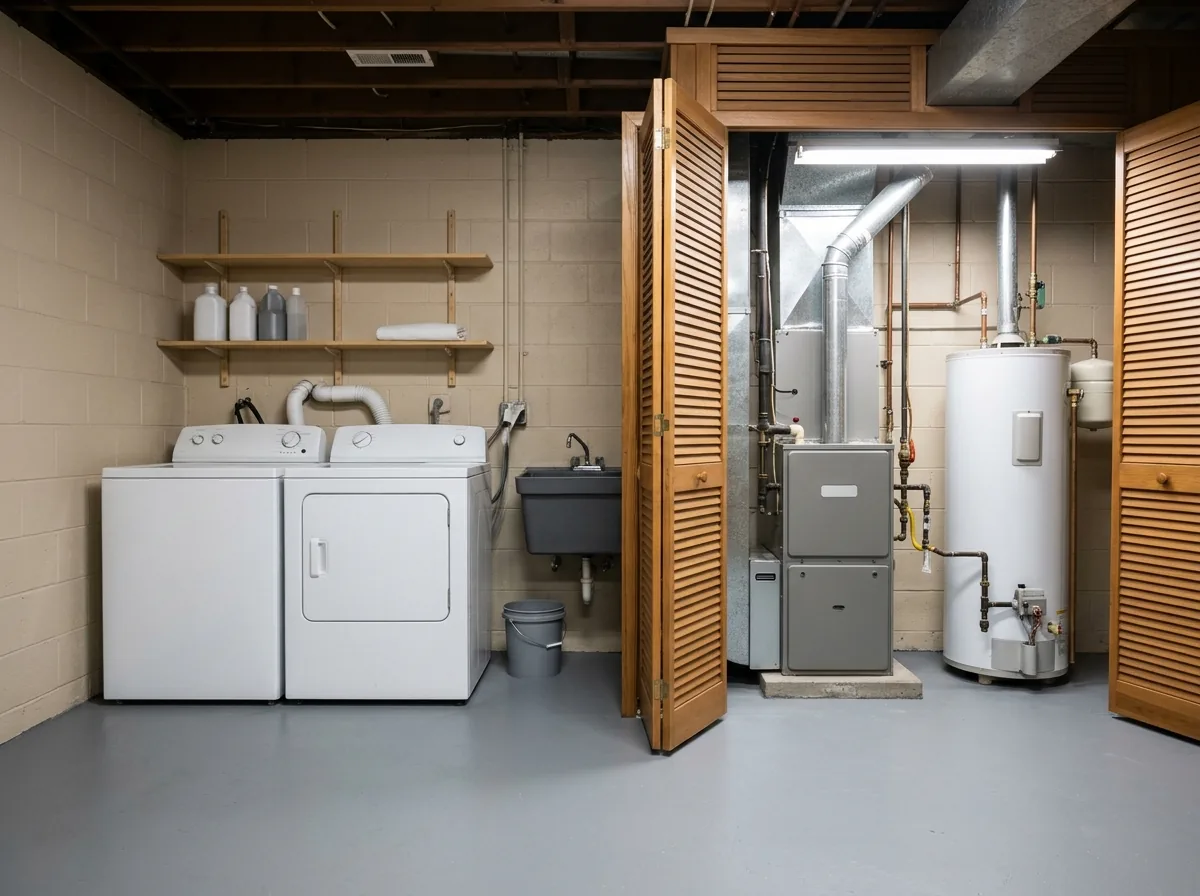 A basement utility room with a washer and dryer on one wall and a furnace and water heater behind an open louvered partition