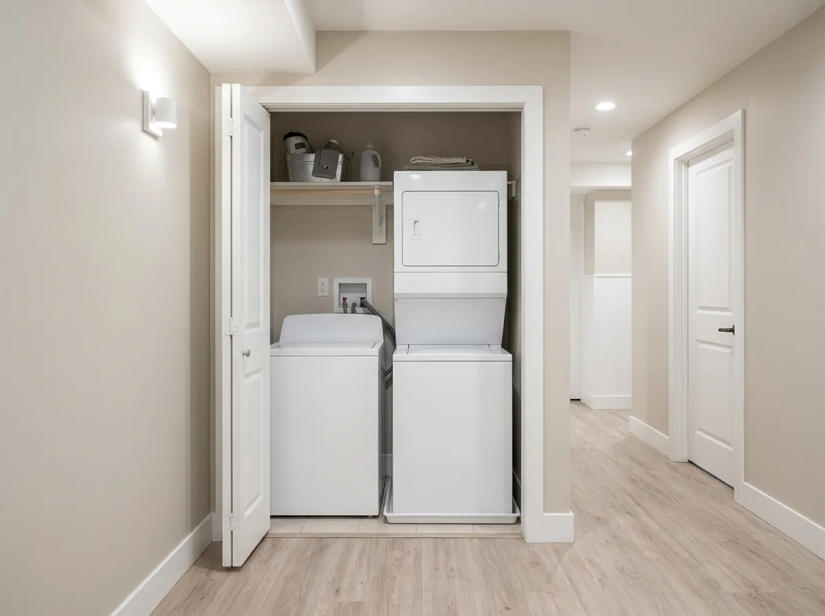 A stacked washer and dryer in a finished basement laundry closet with bifold doors open