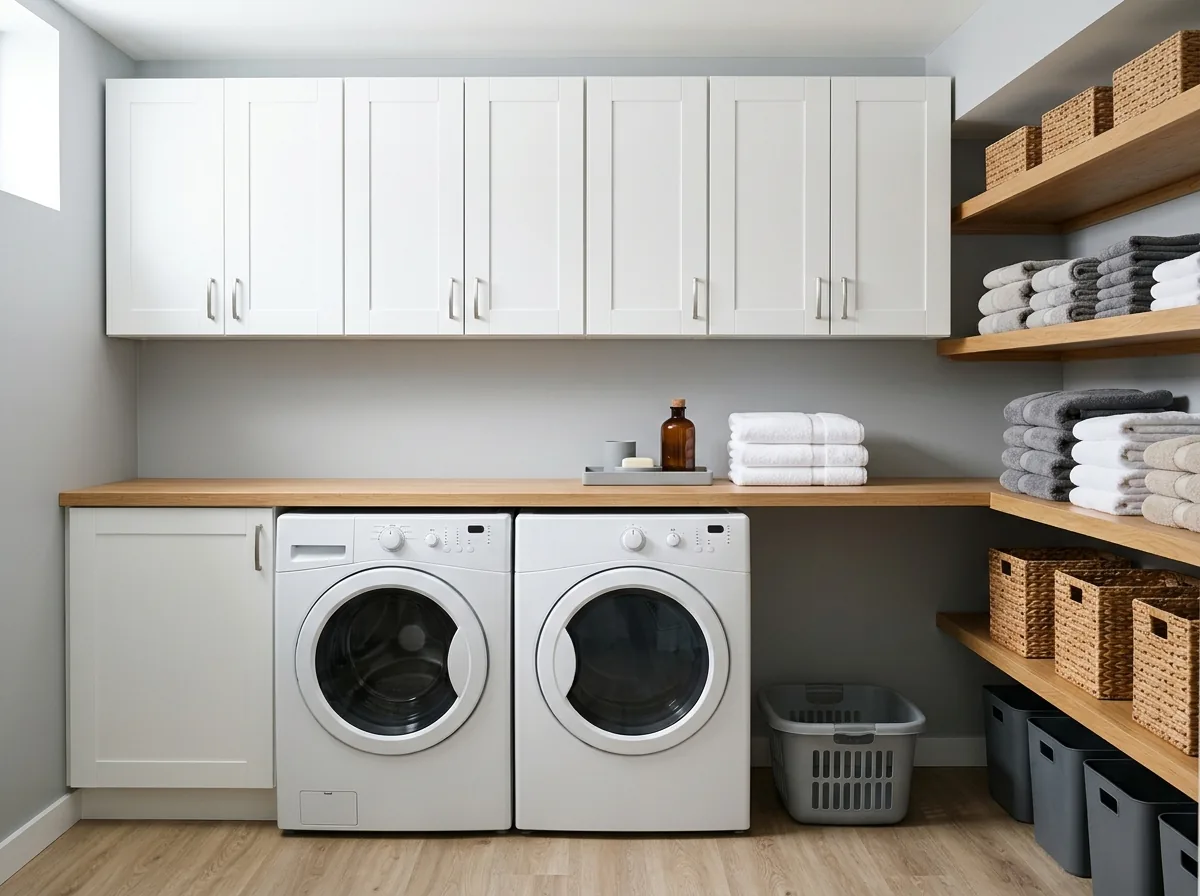 A finished basement laundry wall with upper cabinets, open shelving and a long laminate folding counter over the machines