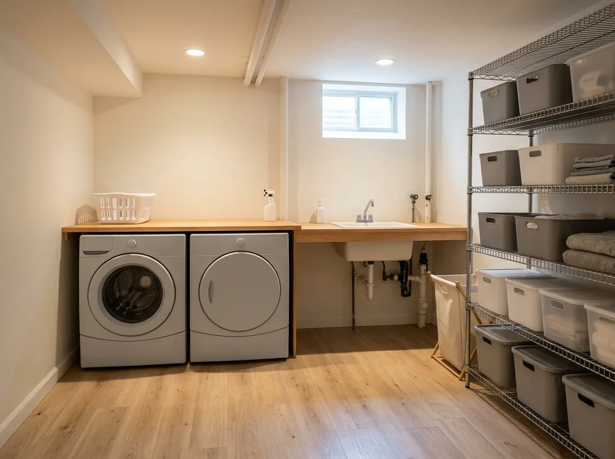 A finished basement laundry room with a washer and dryer, a utility sink, a folding counter and tall storage shelving