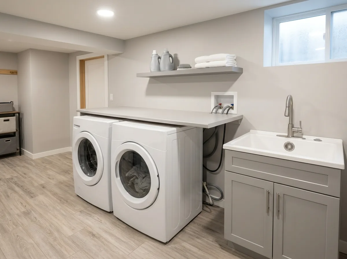 A basement laundry room with a front-load washer and dryer beside a deep utility sink and a folding counter