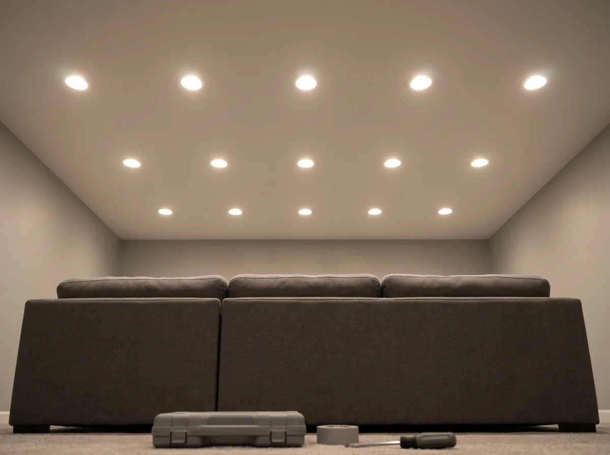 Thin round canless LED wafer lights set flush in a white drywall basement ceiling, glowing softly over a family room