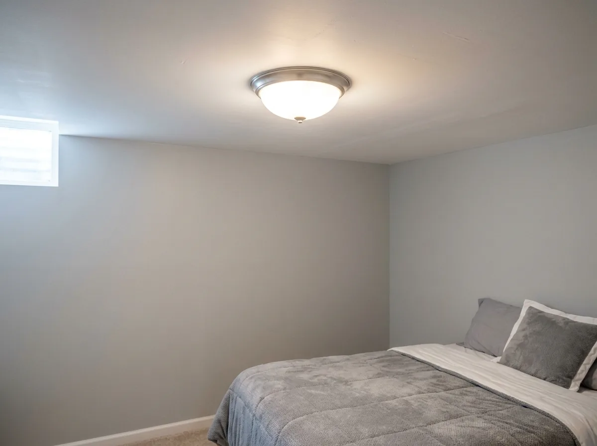 A flush-mount round ceiling fixture with a white glass shade in a finished basement bedroom with a low ceiling