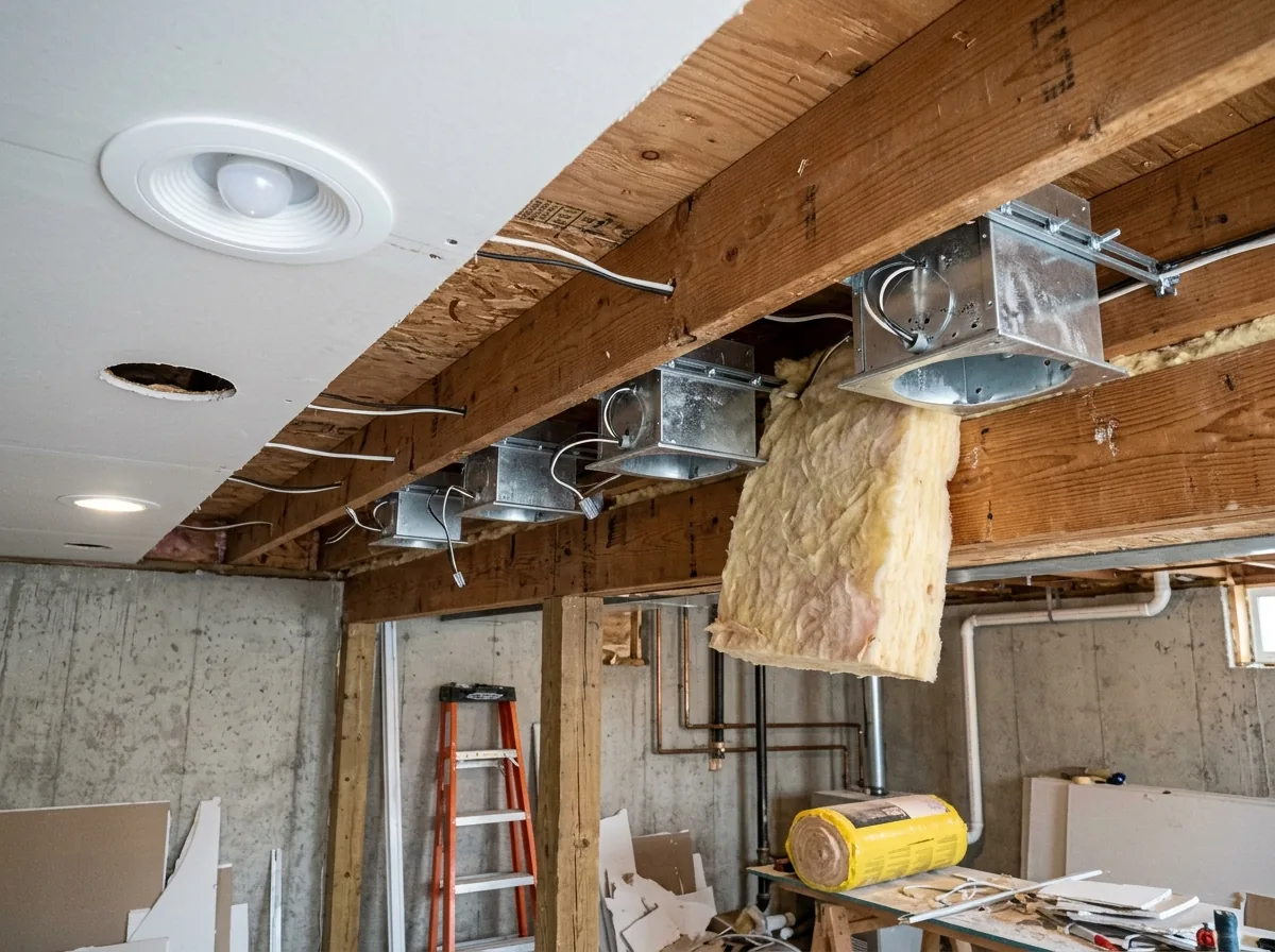 A row of recessed can lights with white baffle trims in a basement ceiling, insulation visible above one open housing