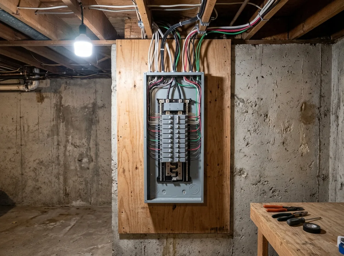 An open gray electrical panel with new breakers and neatly routed cables in an unfinished basement utility area
