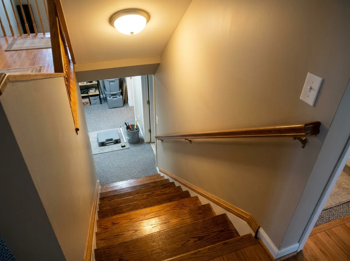 A basement stairway lit by a ceiling fixture at the top landing, with a light switch plate beside the top step