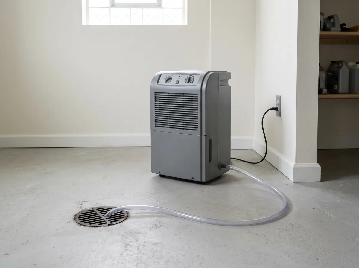 A plain gray standalone dehumidifier on a finished basement floor with a drain hose running to a floor drain