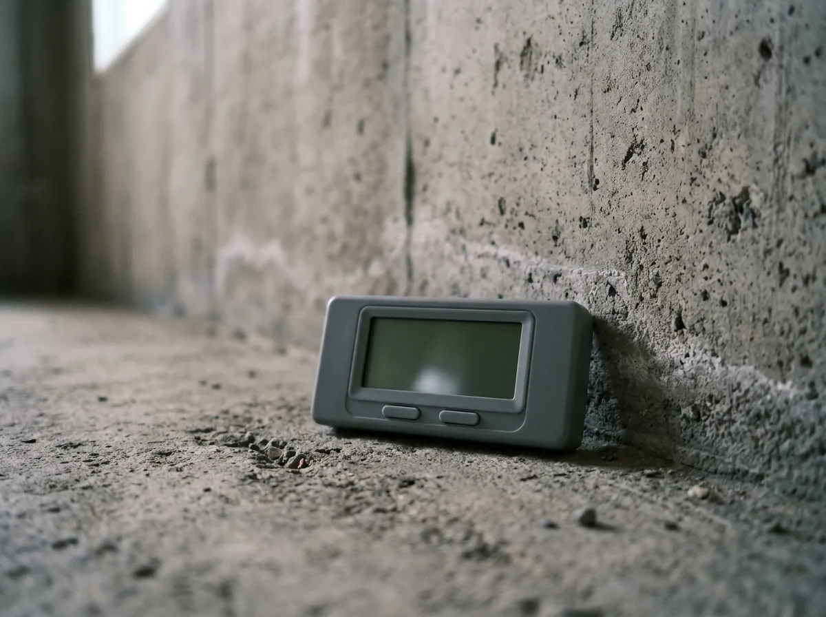 A small handheld humidity meter resting on a bare basement concrete floor beside a foundation wall