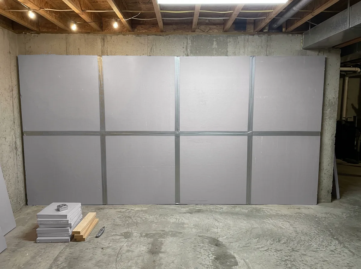 Rigid foam insulation boards fitted tight against a poured concrete basement wall before framing