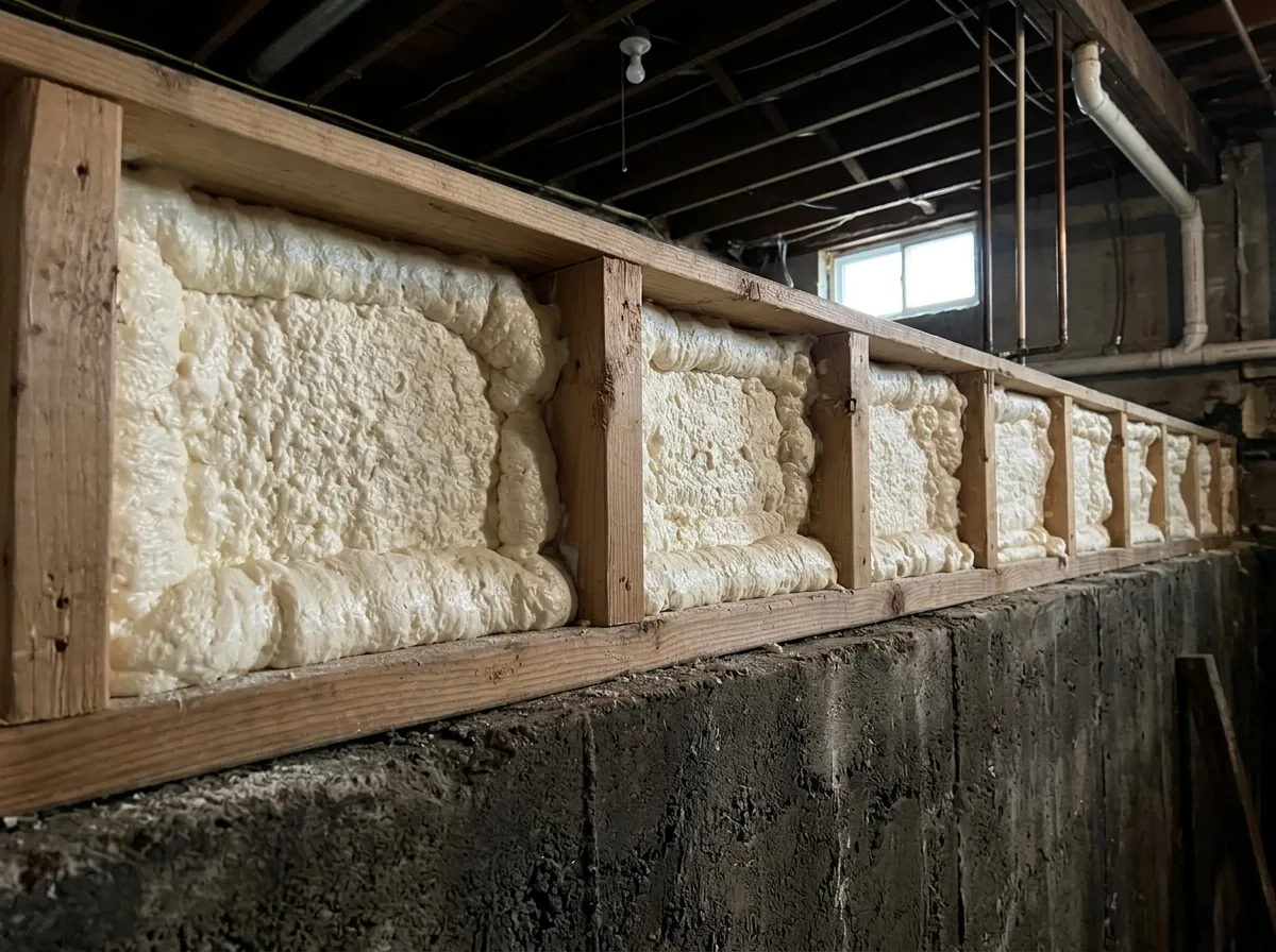 Spray foam sealing the rim joist band along the top of a basement foundation wall between floor joists