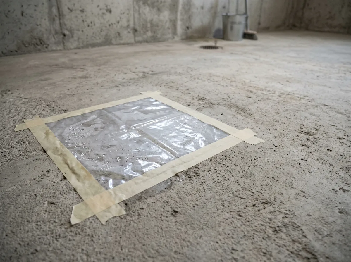A basement concrete slab with a square of clear plastic sheet taped down flat for a moisture check