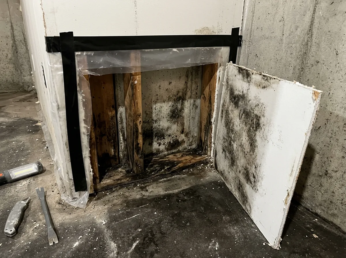 A section of basement drywall cut away near the floor, showing dark mold staining on the back of the board
