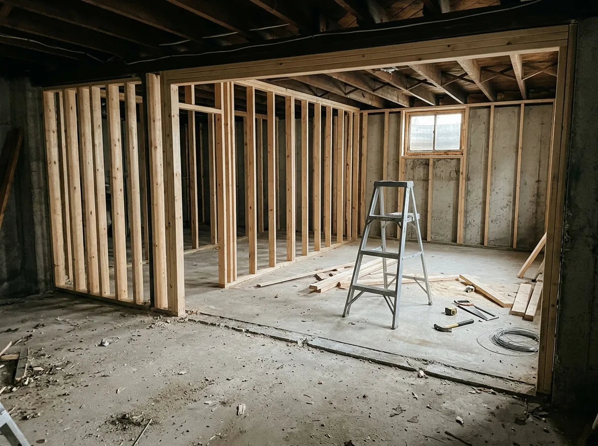 A basement mid-renovation with an old partition wall removed and new wood studs framing a larger room