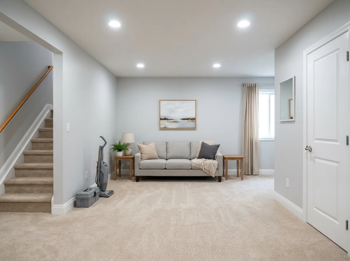A refreshed basement family room with new light gray paint and new carpet, and nothing else changed