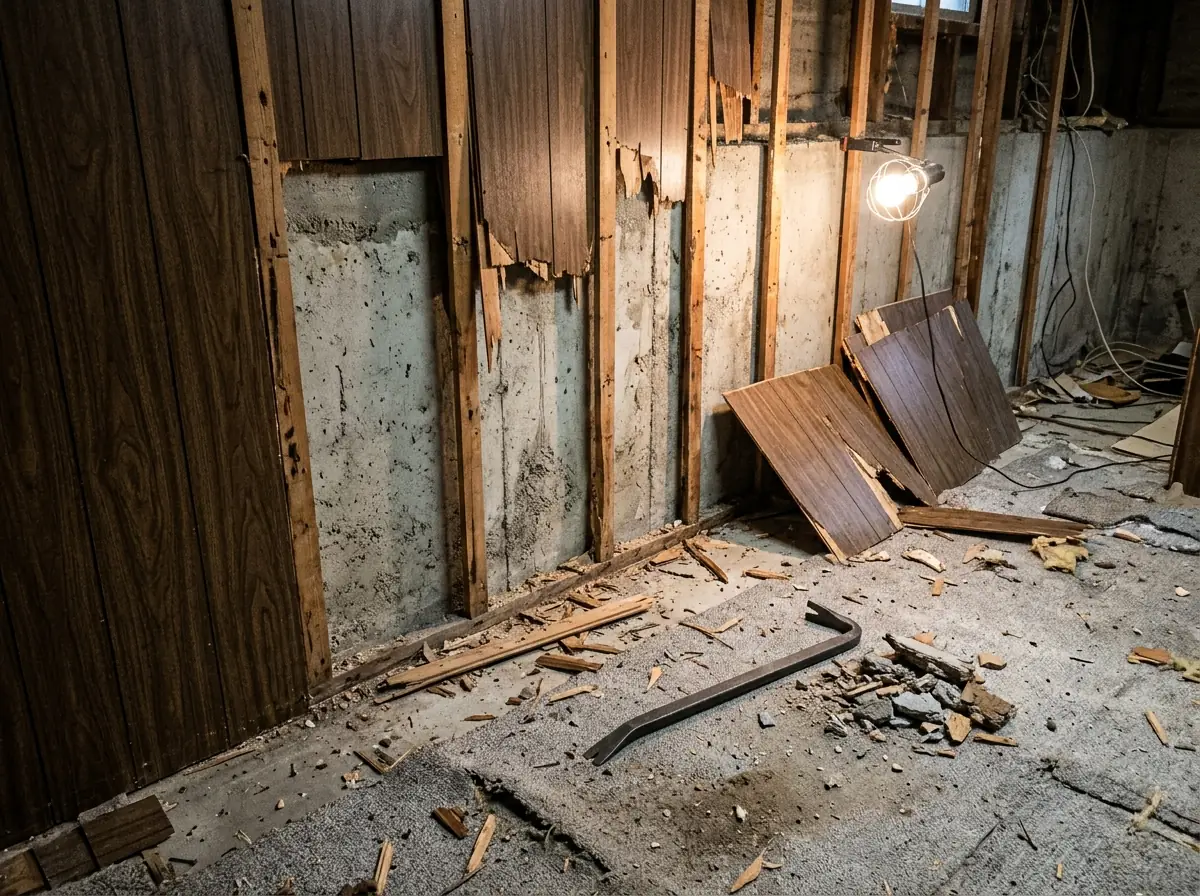 Dark wood paneling half pulled off a basement wall, exposing old furring strips and bare concrete behind it