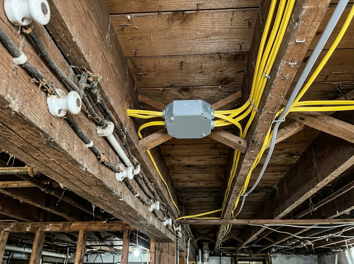 An open basement ceiling with old cloth-covered wiring beside new yellow cable runs stapled to the joists