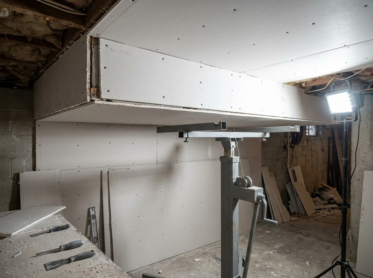 A second layer of drywall being fixed over a first layer on a basement ceiling, with seams offset