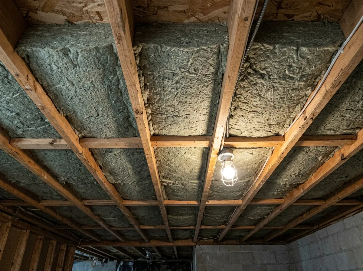 Mineral wool insulation batts fitted between exposed wooden floor joists in an unfinished basement ceiling