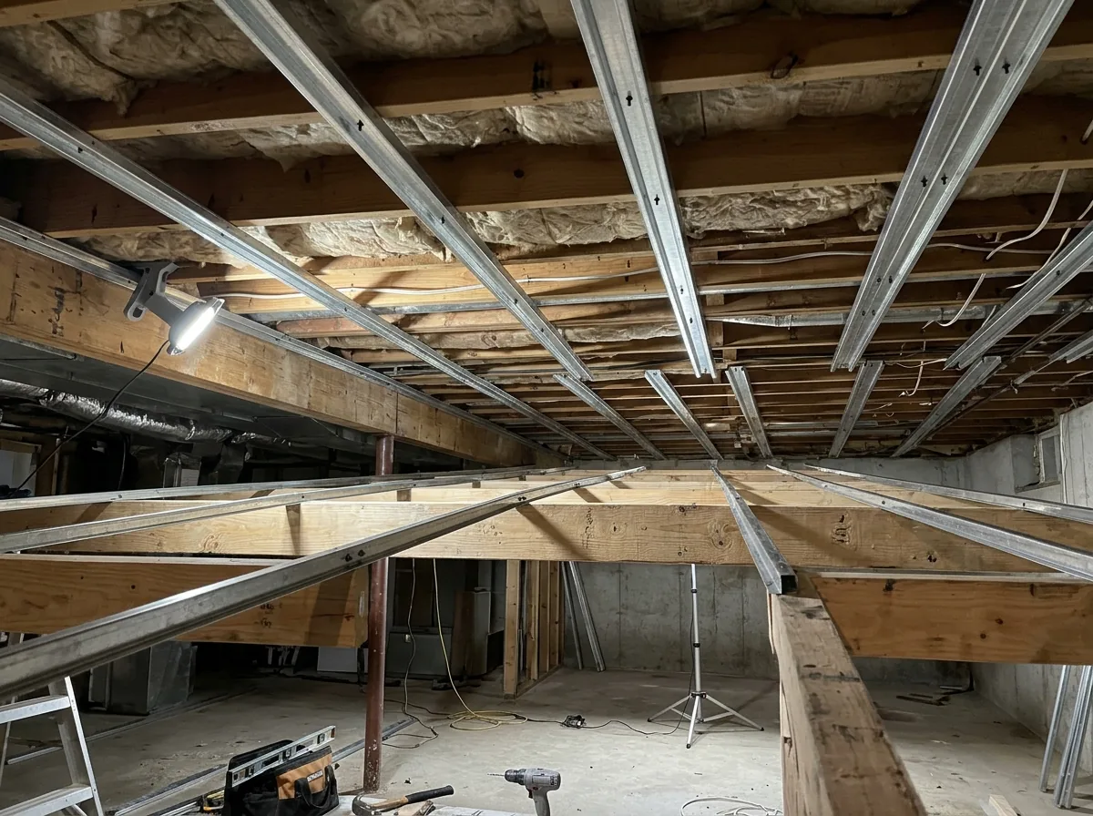 Thin metal resilient channels screwed across the underside of wooden floor joists before drywall