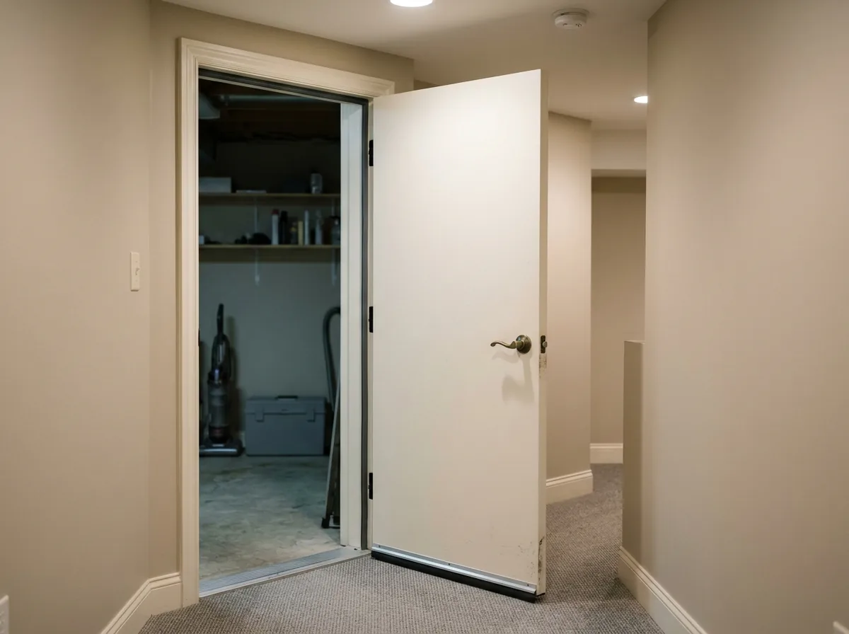 A solid-core interior door with a rubber perimeter seal and threshold in a finished basement hallway