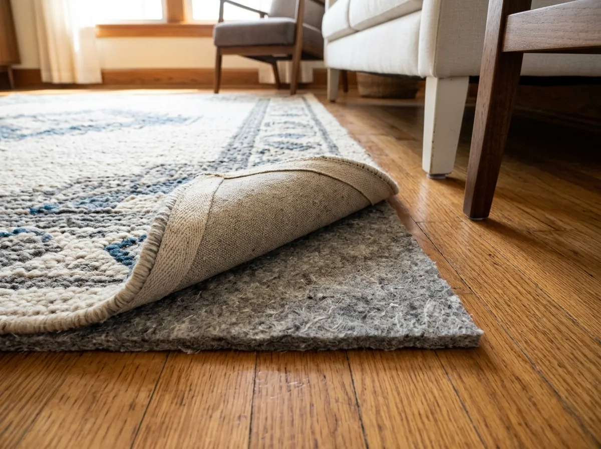 A thick area rug with a dense pad on a wood floor directly above a finished basement room