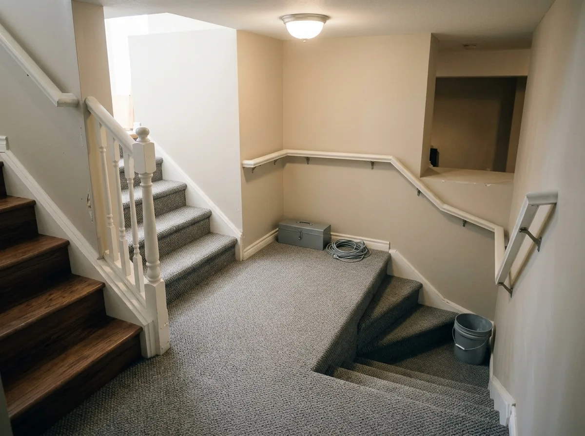 A basement staircase turning 90 degrees at a square wooden landing, with a painted handrail following both flights