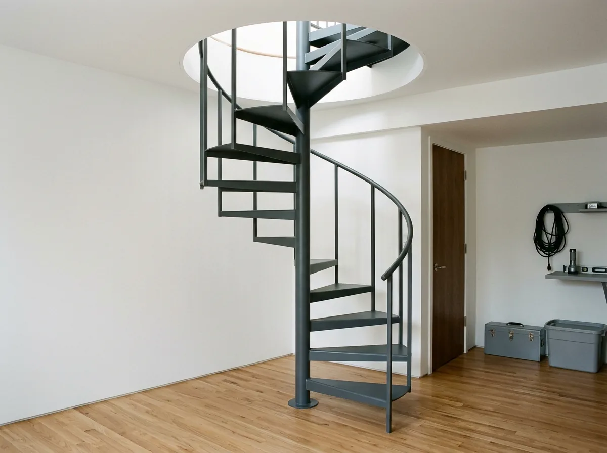 A compact gray steel spiral staircase descending through a round opening into a finished basement room