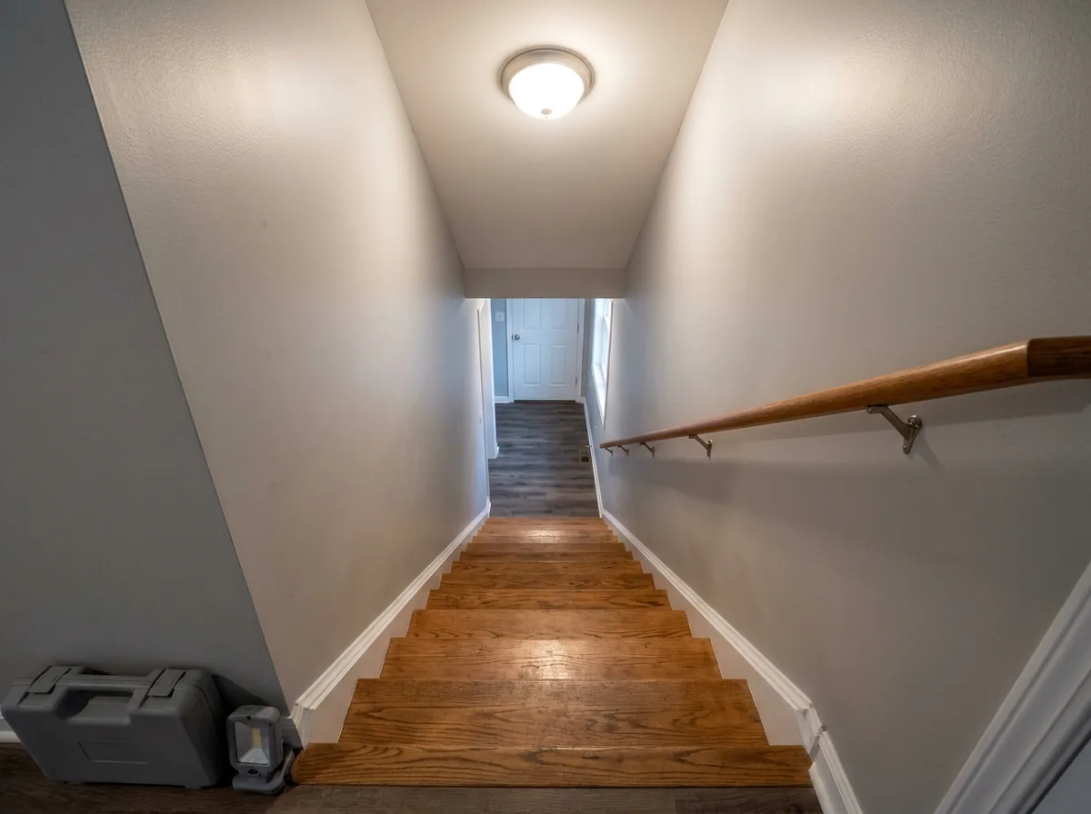A straight wooden basement staircase with painted white risers, stained treads and a wall-mounted handrail, lit from above