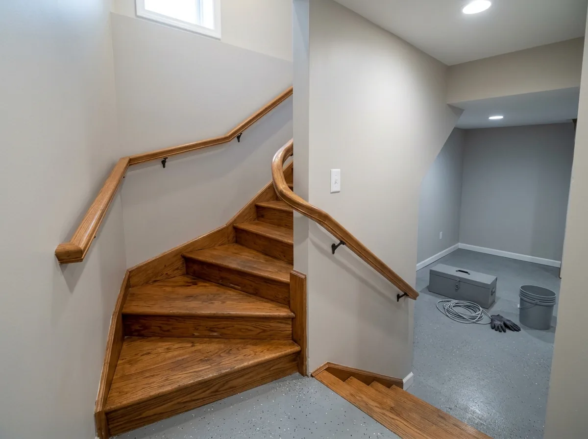 A basement stair turning a corner on three wedge-shaped wooden winder treads, with a handrail on the inside of the turn