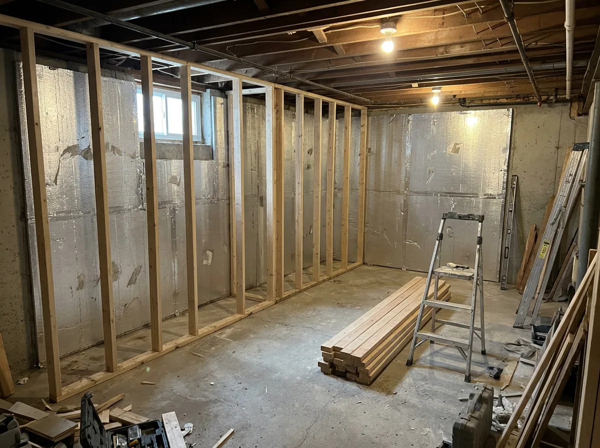 Rigid foam insulation boards on a concrete basement wall with new wood stud framing in front of them and a stack of studs on the slab