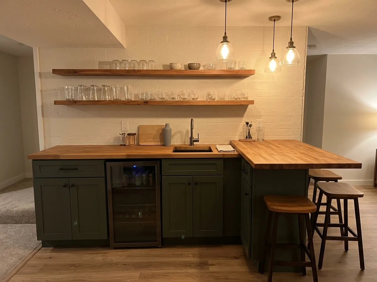 A basement wet bar with dark green cabinets, a butcher-block counter with a small sink, floating shelves and pendant lights
