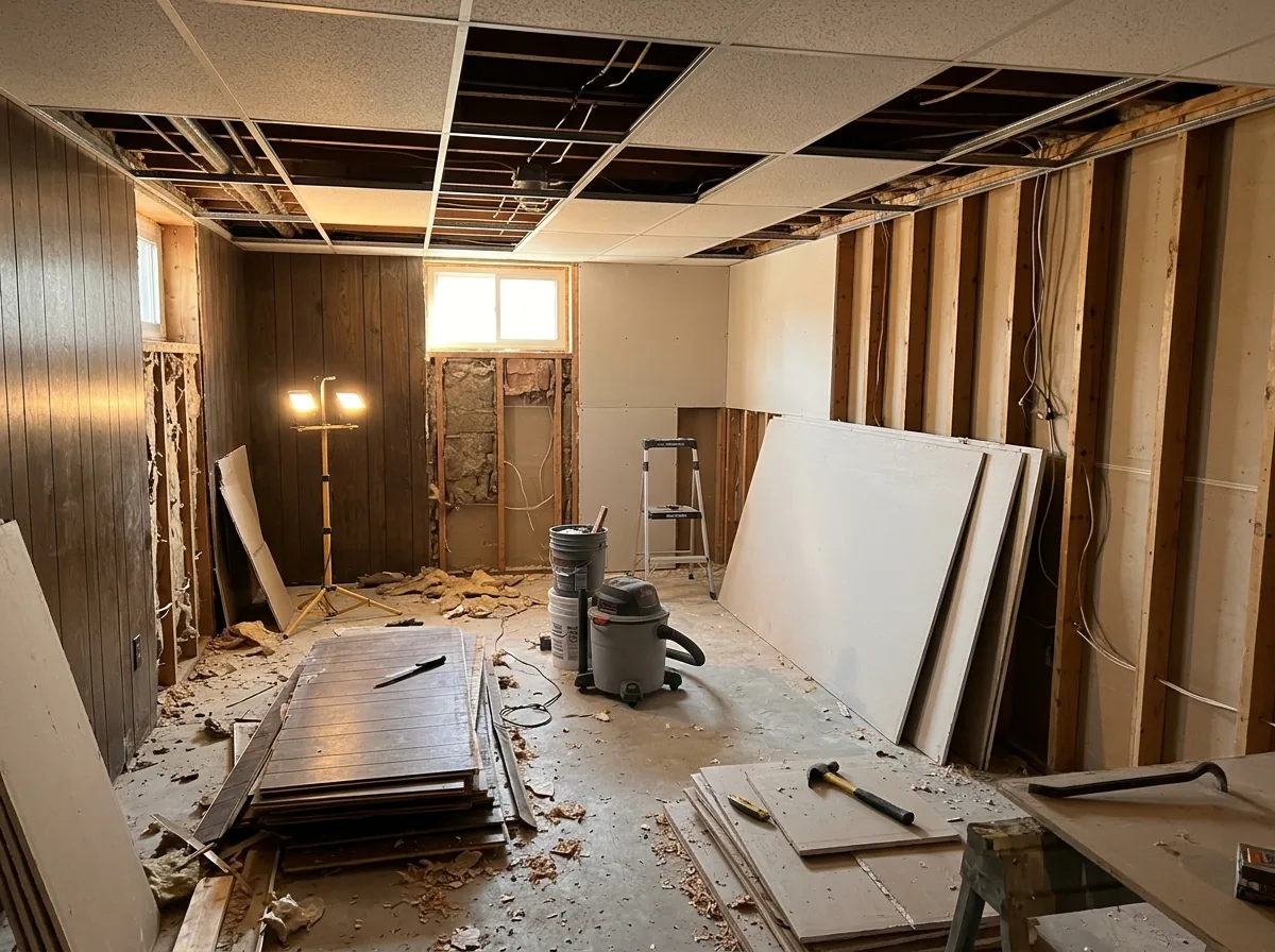 An old basement mid-remodel with dark wood paneling being removed, a partly open drop ceiling and new drywall sheets leaning on the wall