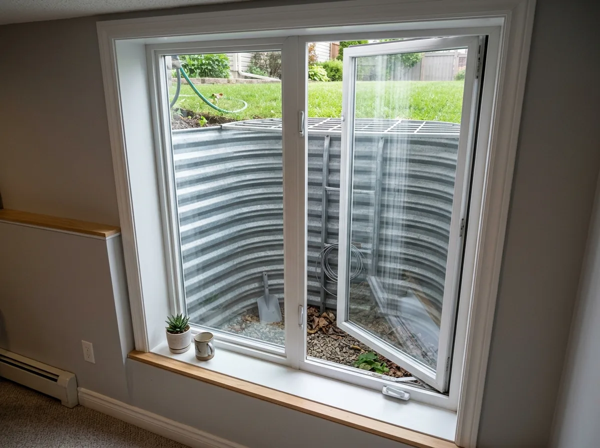 A tall basement casement window swung fully open on its side hinge into a gray corrugated metal window well