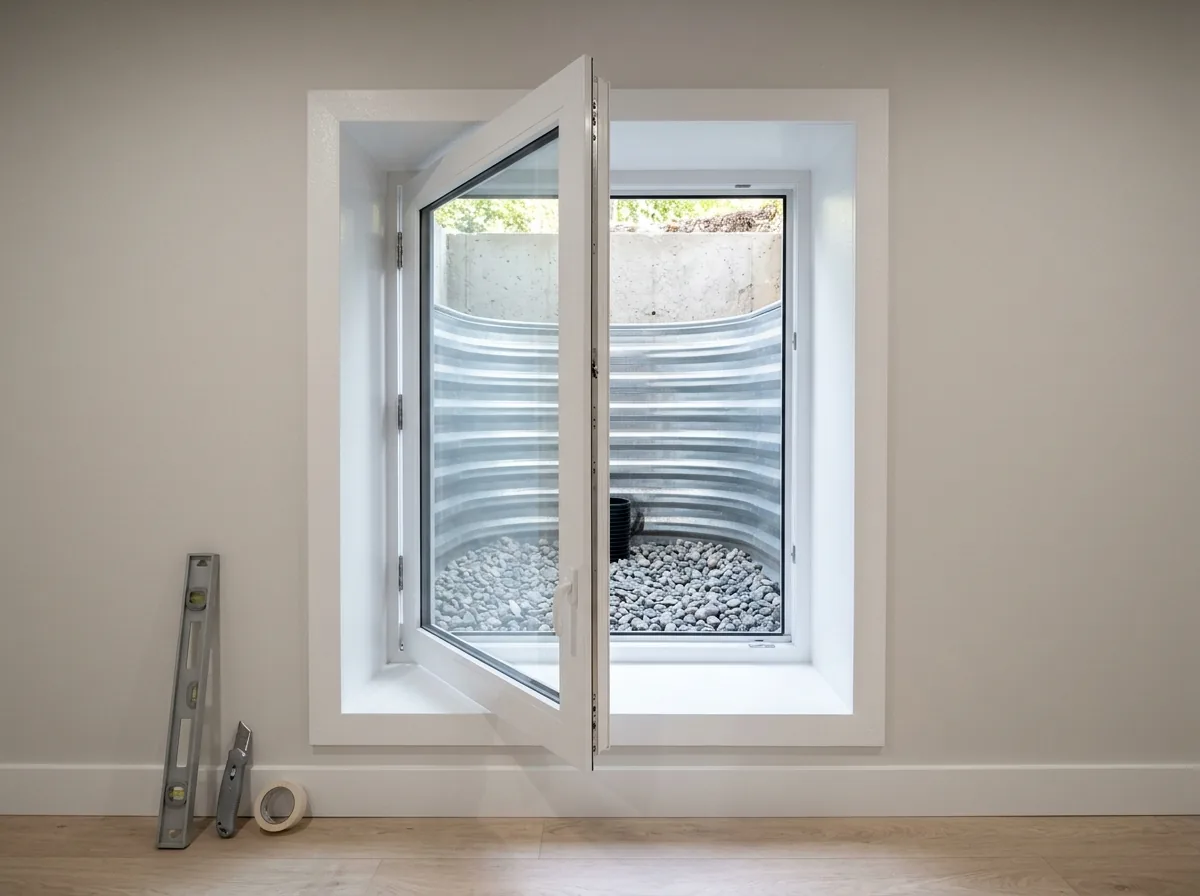 A basement window with its sash swung open into the room over a deep sill, with a small well visible outside