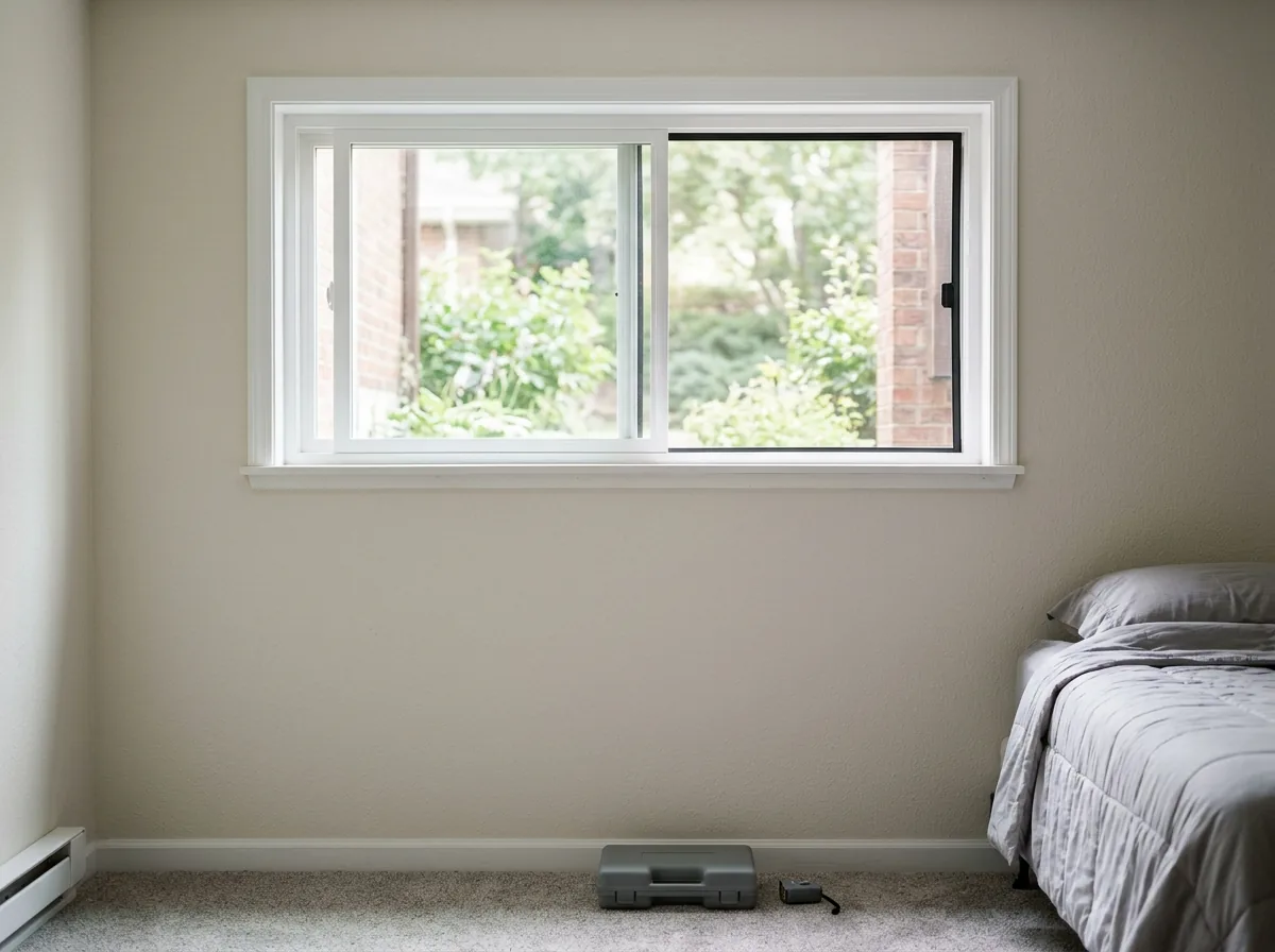 A wide basement sliding window with its sash pushed fully to one side above a bedroom wall