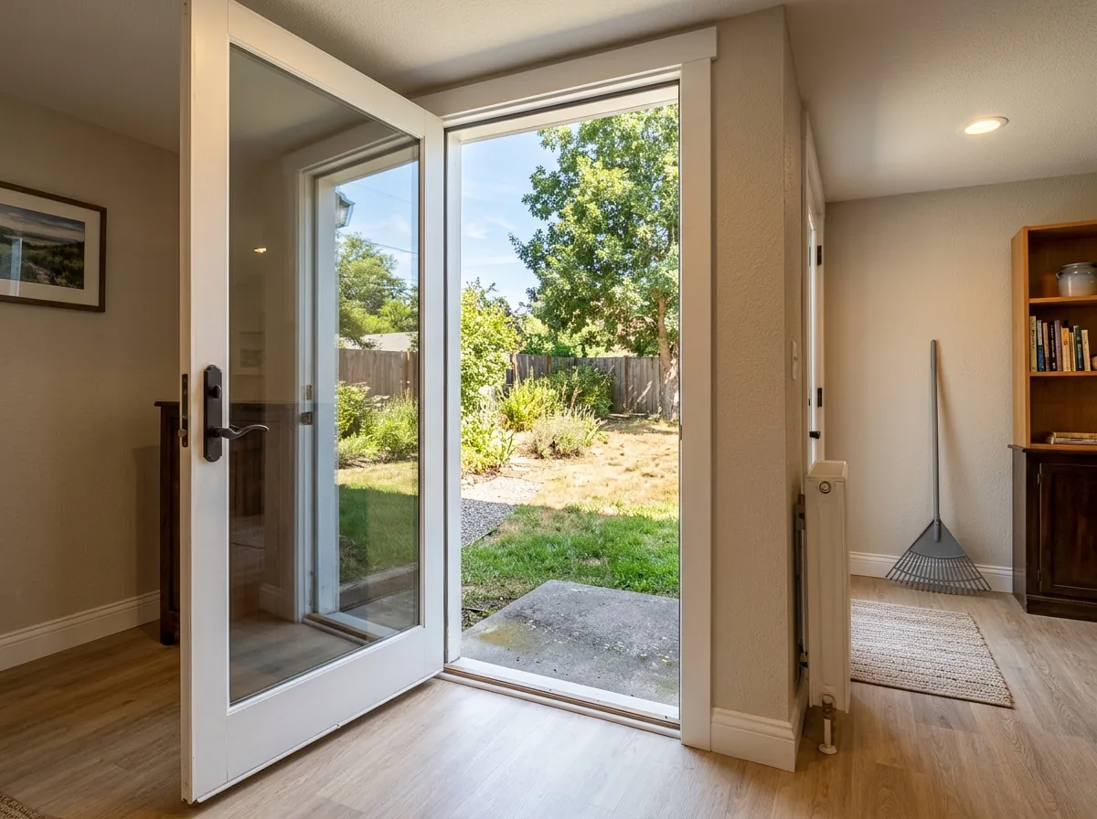 A basement wall with a full-height side-hinged glass door opening at grade onto a small concrete pad