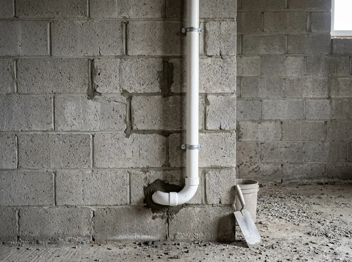 A hollow concrete block basement wall with a small radon suction pipe fitted into one block near the floor