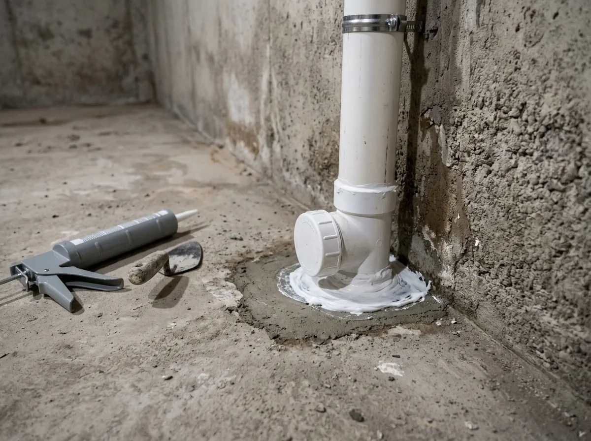 A radon pipe connected into a perimeter drain-tile cleanout at the edge of a basement slab