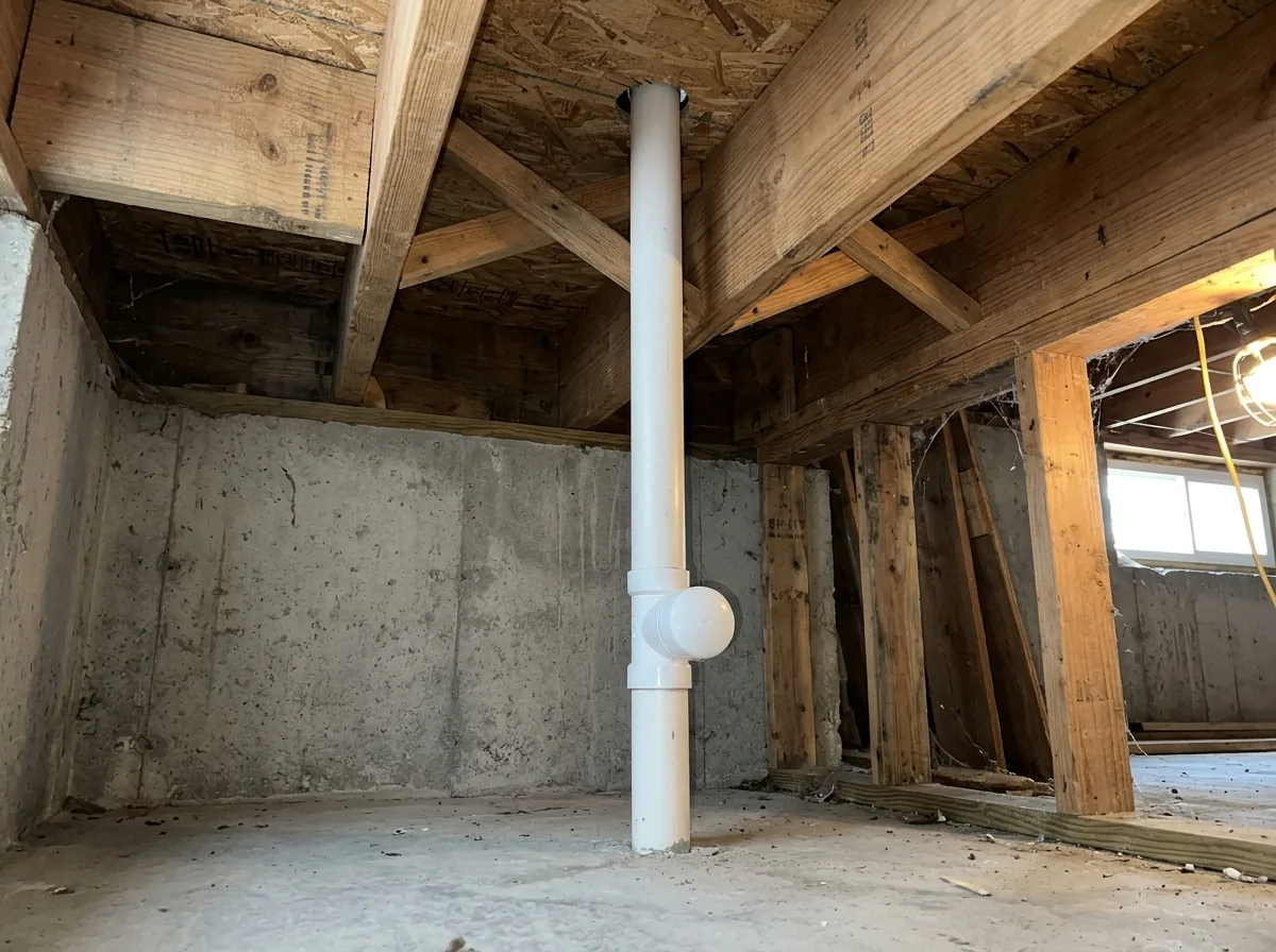 A capped passive radon vent pipe rising through an unfinished basement ceiling toward the attic