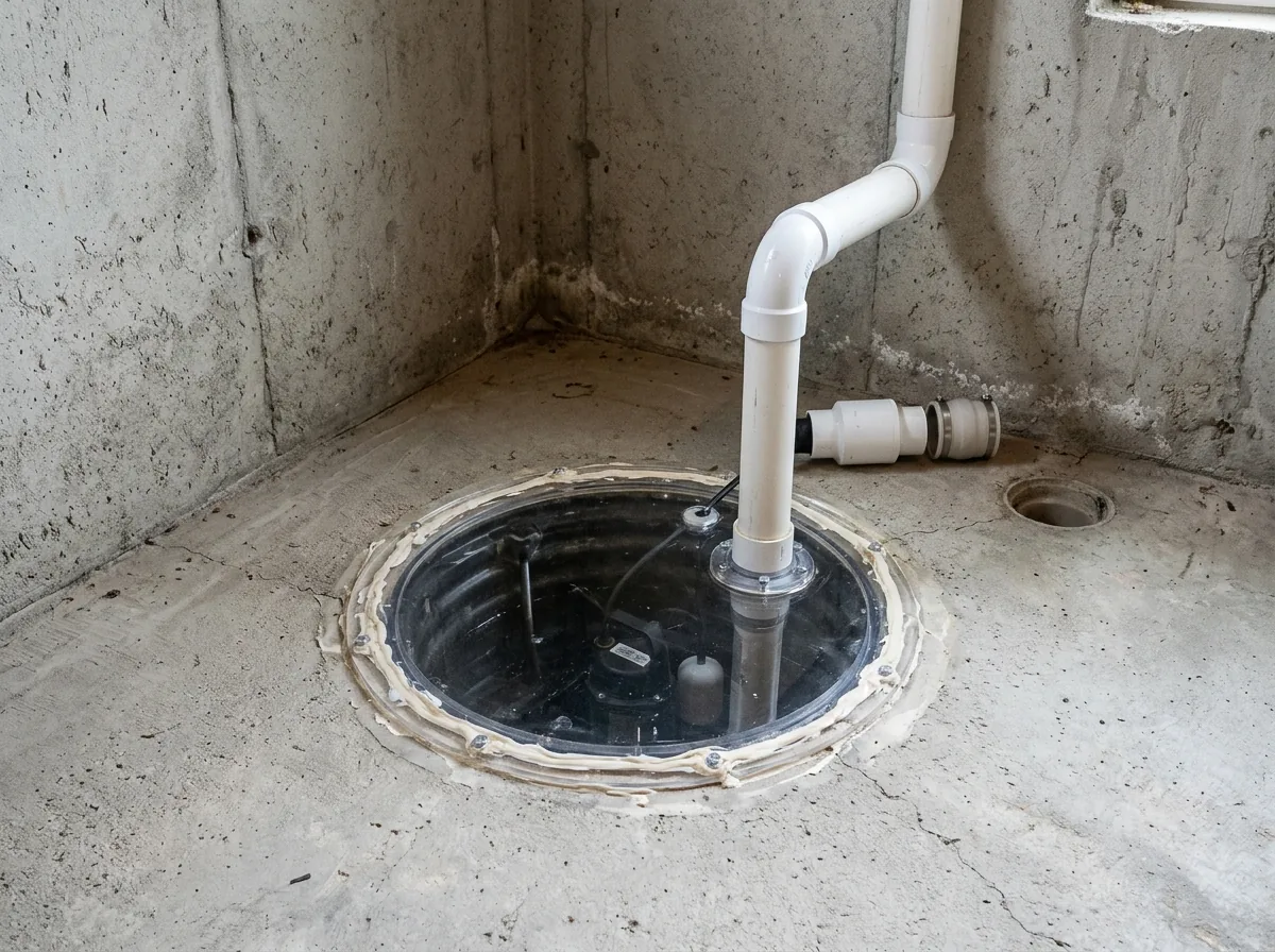 A sealed clear-lid sump pit cover on a basement floor with a radon suction pipe rising from it