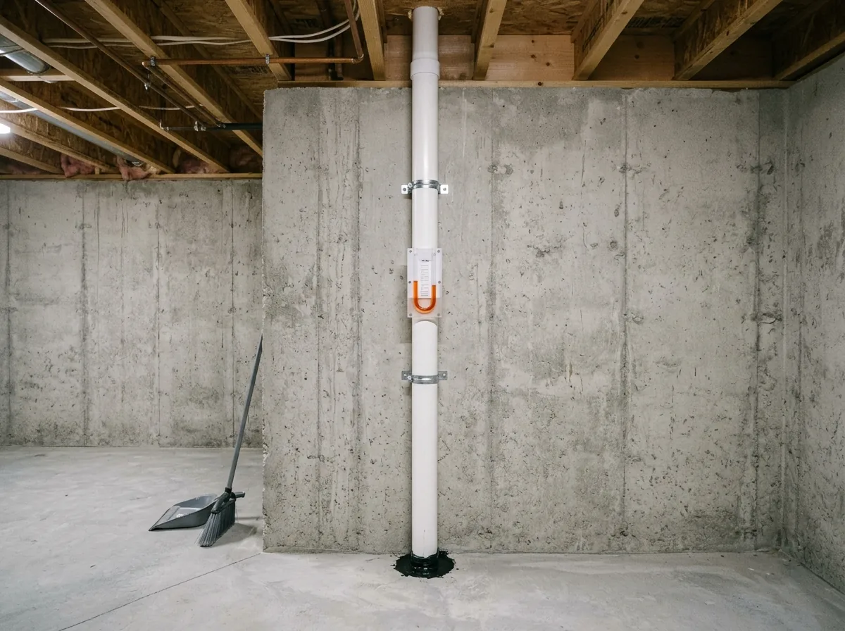 A white PVC radon vent pipe rising from a basement concrete floor along an unfinished foundation wall with a pressure gauge