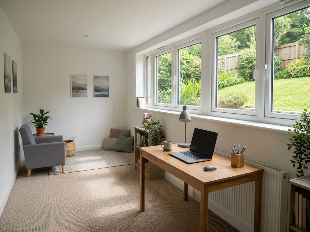 A daylight basement room with a row of large windows set high in the wall above a sloped lawn outside
