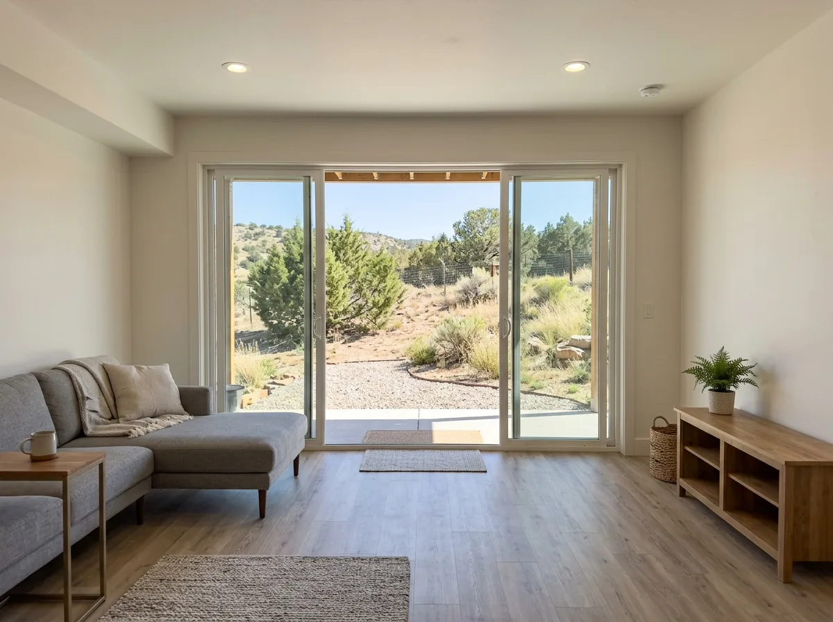 A finished walkout basement family room with a wide sliding glass door opening at ground level to a backyard